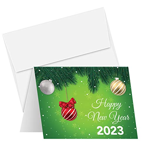 2023 Happy New Year – Green Holiday Greetings Fold Over Cards & Envelopes, 25 Cards and 25 Envelopes per Pack - 4.25 x 5.5 Inches When Folded FoldCard