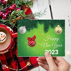 2023 Happy New Year – Green Holiday Greetings Fold Over Cards & Envelopes, 25 Cards and 25 Envelopes per Pack - 4.25 x 5.5 Inches When Folded FoldCard