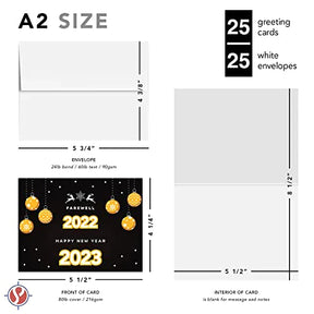 2023 Happy New Year Greeting Cards 25 Cards & 25 Envelopes per Pack - 4.25 x 5.5” (A2 Size) FoldCard