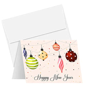 2023 Happy New Year Holiday Greeting Cards – Blank Xmas Fold Over Cards & Envelopes, Colorful Baubles – For Christmas and New Year’s Gift & Presents | 25 Per Pack | 4.25 x 5.5” (A2 Size) FoldCard