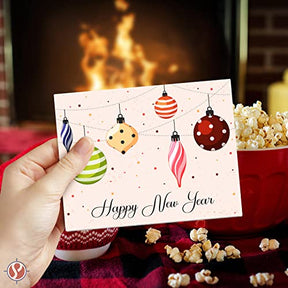 2023 Happy New Year Holiday Greeting Cards – Blank Xmas Fold Over Cards & Envelopes, Colorful Baubles – For Christmas and New Year’s Gift & Presents | 25 Per Pack | 4.25 x 5.5” (A2 Size) FoldCard