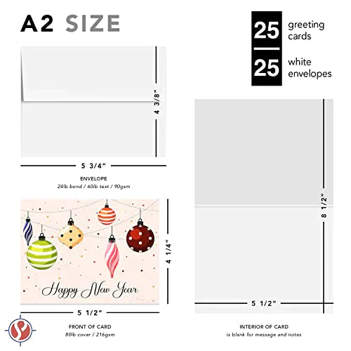 2023 Happy New Year Holiday Greeting Cards – Blank Xmas Fold Over Cards & Envelopes, Colorful Baubles – For Christmas and New Year’s Gift & Presents | 25 Per Pack | 4.25 x 5.5” (A2 Size) FoldCard