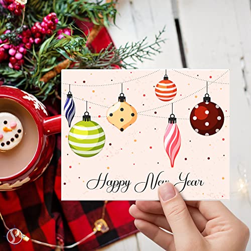 2023 Happy New Year Holiday Greeting Cards – Blank Xmas Fold Over Cards & Envelopes, Colorful Baubles – For Christmas and New Year’s Gift & Presents | 25 Per Pack | 4.25 x 5.5” (A2 Size) FoldCard