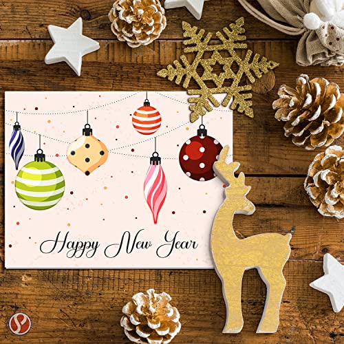 2023 Happy New Year Holiday Greeting Cards – Blank Xmas Fold Over Cards & Envelopes, Colorful Baubles – For Christmas and New Year’s Gift & Presents | 25 Per Pack | 4.25 x 5.5” (A2 Size) FoldCard