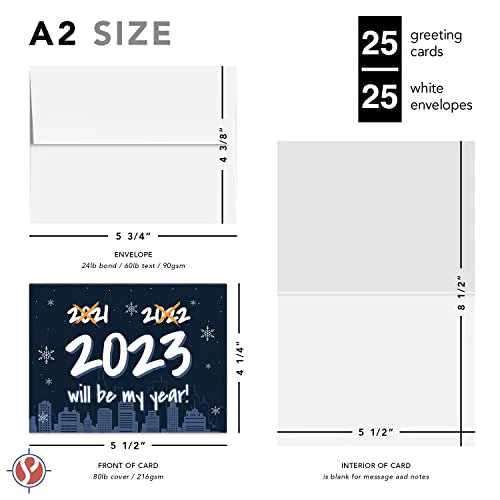 2023 Will Be My Year! Blue Happy New Year Greeting Card 4.25 x 5.5 (A2 Size) - 25 Cards and 25 Envelopes FoldCard