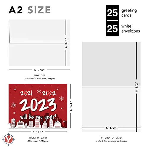 2023 Will Be My Year! Red Happy New Year Greeting Card 4.25 x 5.5 (A2 Size) - 25 Cards and 25 Envelopes FoldCard