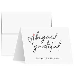 Tarjetas de agradecimiento Beyond Grateful con corazón rojo pequeño, tarjetas de agradecimiento elegantes y premium para todas las ocasiones, paquete de 25 pares