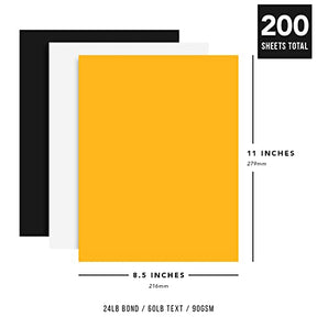 Juego a granel de hojas de papel de colores negro, dorado y blanco de 8.5 x 11" - 200 hojas en total