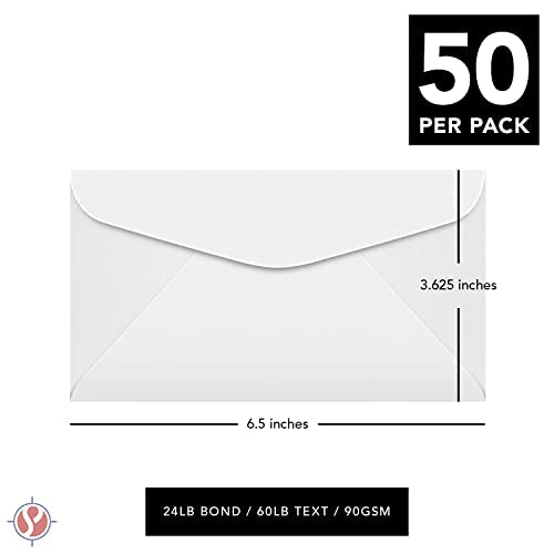 No. 6-3/4 Premium Quality White Business Envelopes - Commercial Flap w/ Gummed Seal- 50 Pack