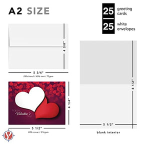 Happy Valentine’s Day Greeting Cards and Envelopes, Beautiful and Romantic Love Red Hearts Greetings for Husband, Wife, Boyfriend, or Girlfriend | 4.25 x 5.5” (A2 Size) | 25 per Pack