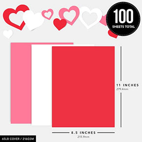 Valentine’s Colored Card Stock Paper - Red, Pink & White 8.5 x 11" Cardstock for Greetings, Gift Tags, Art & Crafts, Invitations & Announcements | 100 Sheets Total