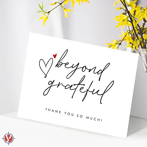 Tarjetas de agradecimiento Beyond Grateful con corazón rojo pequeño, tarjetas de agradecimiento elegantes y premium para todas las ocasiones, paquete de 25 pares