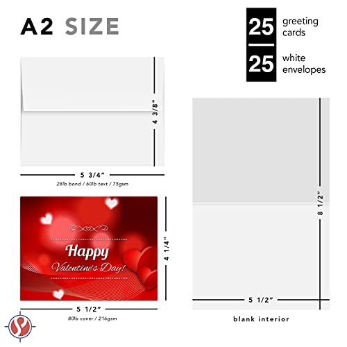 Tarjetas para el Día de San Valentín - Paquete de 25 con hermoso diseño de corazones y tarjetas y sobres en blanco de primera calidad - Tamaño A2 y cubierta de 80 lb - Ideal para cualquier ocasión