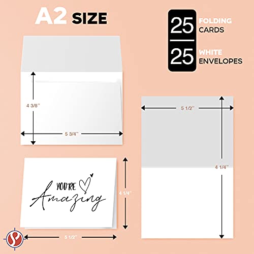 Tarjetas y sobres "You're Amazing" - Elegantes saludos plegables de agradecimiento, aliento y agradecimiento para amigos y familiares - Interior en blanco | 4,25 x 5,5” | 25 por paquete