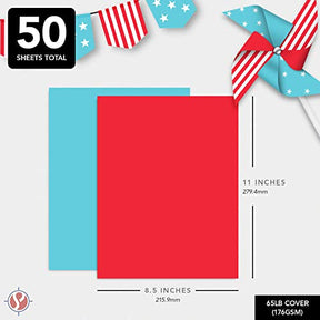 Cartulina patriótica roja y azul para manualidades e invitaciones. 50 hojas, 8.5x11", cubierta de 65 lb. Perfecto para el 4 de julio y el Día del Trabajo.