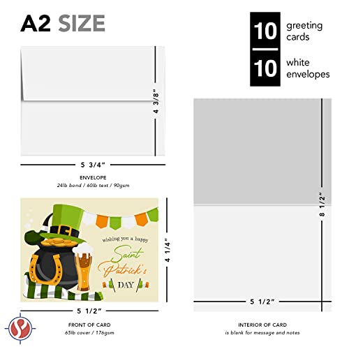 Happy St. Patrick's Day Greeting Cards – Colorful Pot of Gold, Green Cap and Lucky Horseshoe Design for Irish Holiday Greetings, Gifts and Presents | 80lb Cover (216gsm) | 4.25 x 5.5” | 10 per Pack