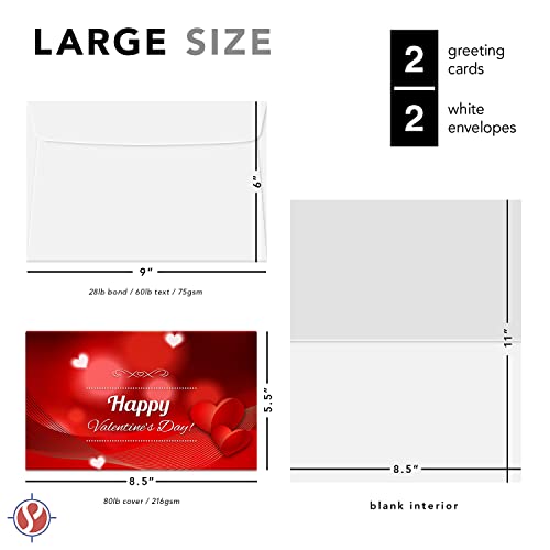 Tarjeta y sobre jumbo para el día de San Valentín. Tamaño de la tarjeta 8,5 x 11 cuando está abierta, 5,5 x 8,5 pulgadas cuando está plegada, ranurada para plegarla fácilmente. (2 por paquete)