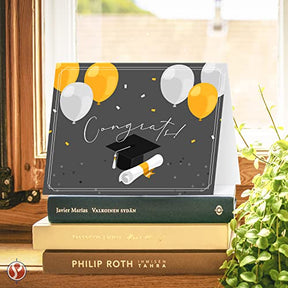 Elegantes tarjetas de graduación de felicitaciones en negro y dorado, paquete de 25