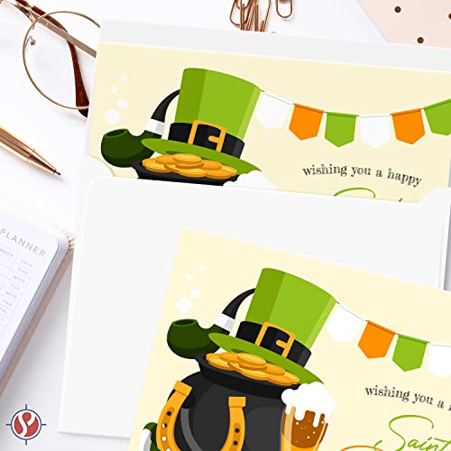 Happy St. Patrick's Day Greeting Cards – Colorful Pot of Gold, Green Cap and Lucky Horseshoe Design for Irish Holiday Greetings, Gifts and Presents | 80lb Cover (216gsm) | 4.25 x 5.5” | 10 per Pack
