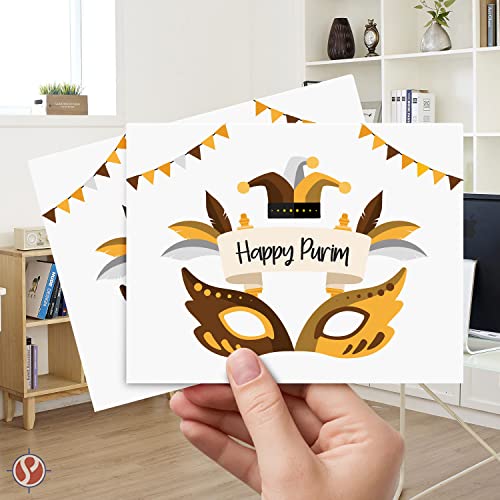 Elegantes tarjetas de felicitación doradas y marrones de Purim