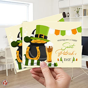 Tarjetas de felicitación del Día de San Patricio: diseño colorido de mina de oro, gorra verde y herradura de la suerte para saludos festivos irlandeses, regalos y regalos | Cubierta de 80 lb (216 g/m²) | 4,25 x 5,5” | 10 por paquete