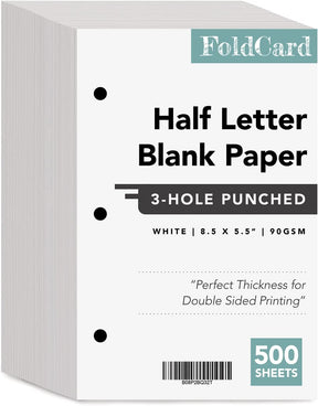 Versatile Half Letter Paper, 3 Hole Punched, for Binders and Clipboards, Bright White, 8.5 x 5.5 Inches
