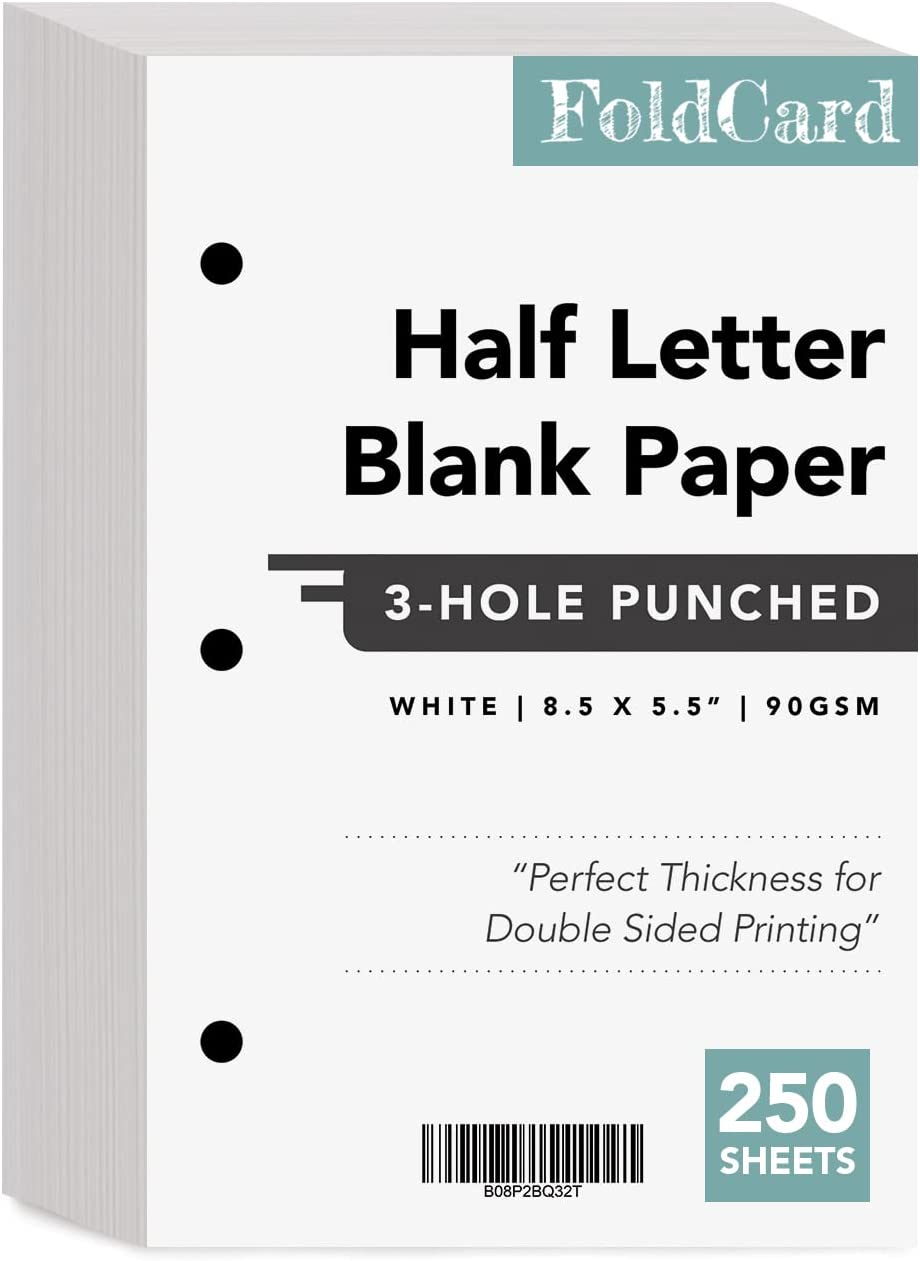 Versátil papel de media carta, perforado con 3 orificios, para carpetas y portapapeles, blanco brillante, 8,5 x 5,5 pulgadas