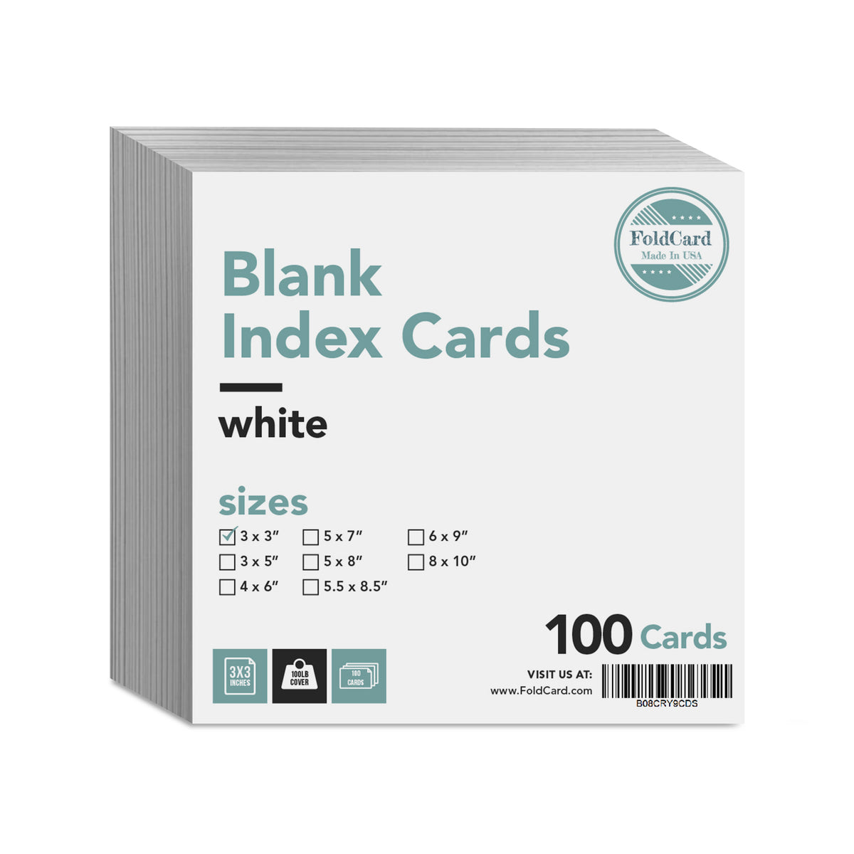 Thick Blank Index Cards | White 100lb Cover (14 pt) Cardstock | 100 per Pack | 3" x 3"