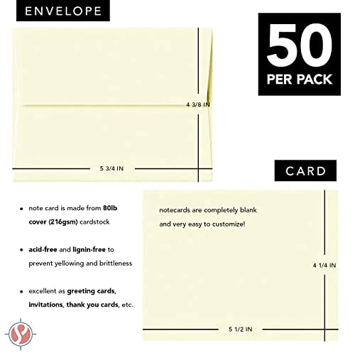 A2 Blank Cream / Natural / Off-White Blank Flat Note Cards with Envelopes | 4.25 x 5.5 inches | Heavyweight 80lb Cover (216gsm) Card Stock | 50 per Pack FoldCard