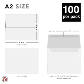 A2 Blank White Envelopes – For 4.25" x 5.5" Greeting Cards, Invitations, Postcards | 4 3/8" x 5 3/4" | 24lb Bond (90gsm) Square Flap | 100 per Pack FoldCard
