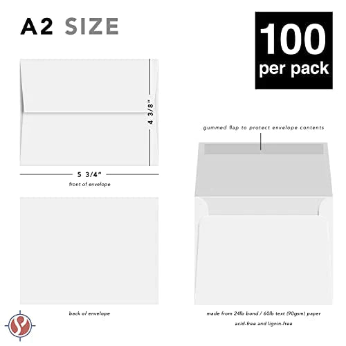 A2 Blank White Envelopes – For 4.25" x 5.5" Greeting Cards, Invitations, Postcards | 4 3/8" x 5 3/4" | 24lb Bond (90gsm) Square Flap | 100 per Pack FoldCard