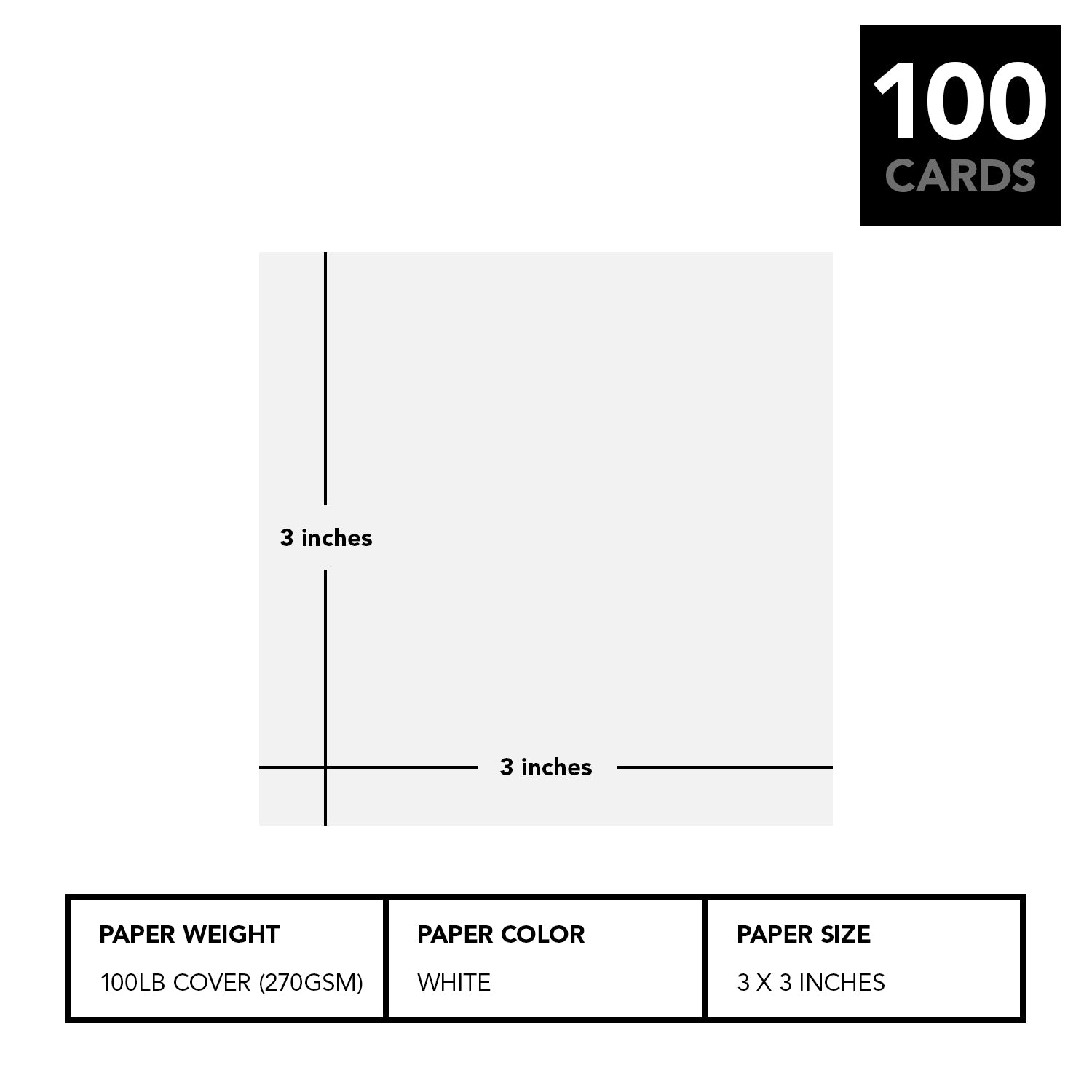 Thick Blank Index Cards | White 100lb Cover (14 pt) Cardstock | 100 per Pack | 3" x 3"