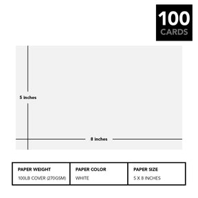 Tarjetas de índice gruesas en blanco | Cubierta blanca de 100 lb (14 pt.) Cartulina | 100 por paquete | 5" x 8"