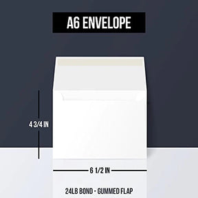 A6 White Envelopes, Gummed Flap – Fits 4.5 x 6” Greeting Cards, Wedding & Party Invitations, Bridal Showers, Announcements, Photos | 4 3/4” x 6 1/2” | 24lb Bond (60lb Text) | 25 per Pack FoldCard