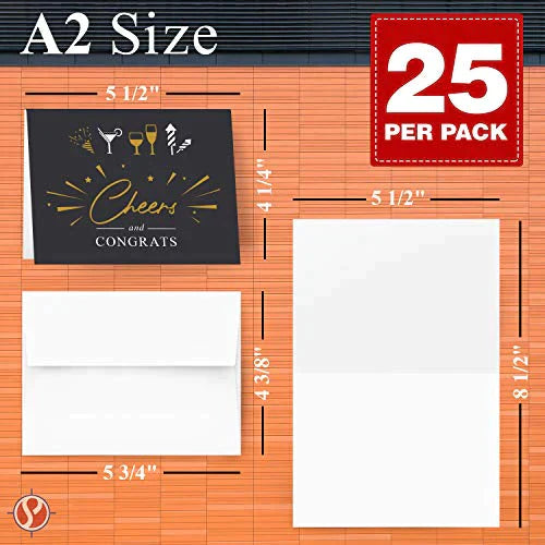 Cheers and Congratulations Card – Blank Celebratory Greeting Fold Over Cards & Envelopes – For Birthdays, Holidays, Business | 25 per Pack | A2 – 4.25 x 5.5” When Folded (Black) FoldCard