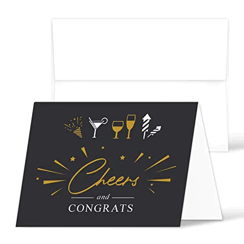 Cheers and Congratulations Card – Blank Celebratory Greeting Fold Over Cards & Envelopes – For Birthdays, Holidays, Business | 25 per Pack | A2 – 4.25 x 5.5” When Folded (Black) FoldCard