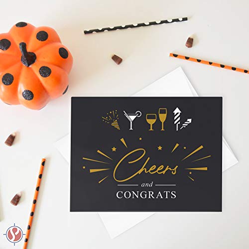 Cheers and Congratulations Card – Blank Celebratory Greeting Fold Over Cards & Envelopes – For Birthdays, Holidays, Business | 25 per Pack | A2 – 4.25 x 5.5” When Folded (Black) FoldCard