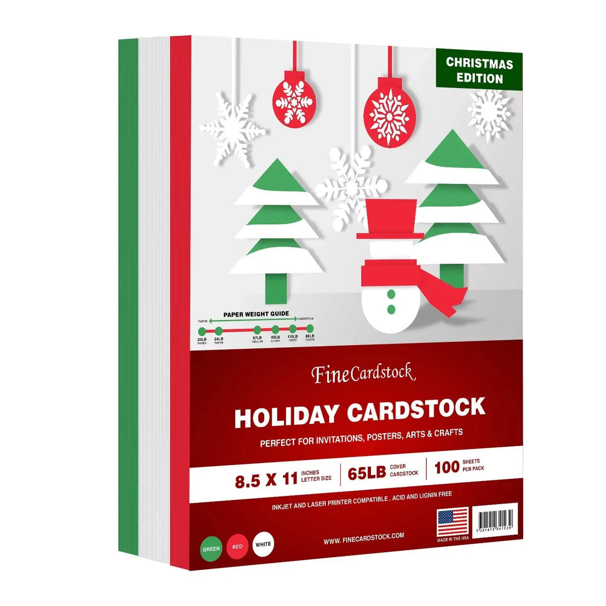 Christmas Colored Card Stock Paper, Red, Green & White 8.5 x 11" Cardstock 25 Red, 25 Green, 50 White (100 Sheets Total) FoldCard