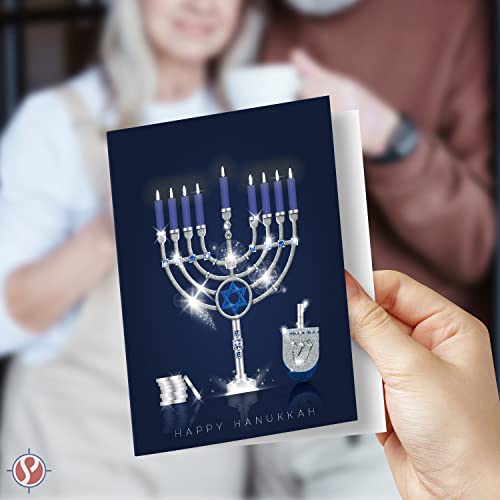 Happy Hanukkah Greeting Cards, Elegant Blue Menorah, Dreidel and Silver Coins 4.25 x 5.5” - 25 per Pack FoldCard