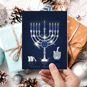 Happy Hanukkah Greeting Cards, Elegant Blue Menorah, Dreidel and Silver Coins 4.25 x 5.5” - 25 per Pack FoldCard