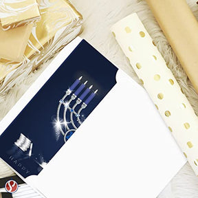 Happy Hanukkah Greeting Cards, Elegant Blue Menorah, Dreidel and Silver Coins 4.25 x 5.5” - 25 per Pack FoldCard