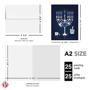 Happy Hanukkah Greeting Cards, Elegant Blue Menorah, Dreidel and Silver Coins 4.25 x 5.5” - 25 per Pack FoldCard