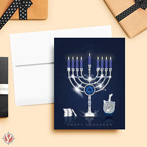 Happy Hanukkah Greeting Cards, Elegant Blue Menorah, Dreidel and Silver Coins 4.25 x 5.5” - 25 per Pack FoldCard
