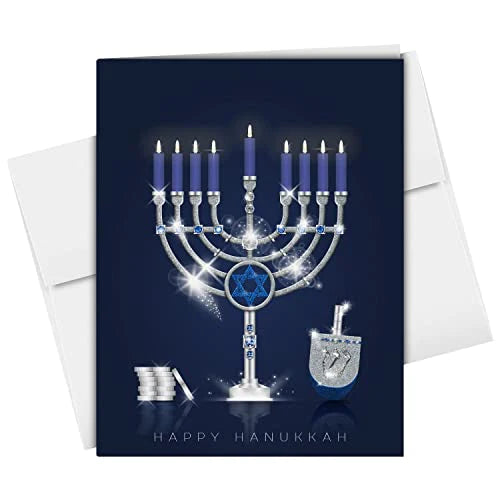 Happy Hanukkah Greeting Cards, Elegant Blue Menorah, Dreidel and Silver Coins 4.25 x 5.5” - 25 per Pack FoldCard