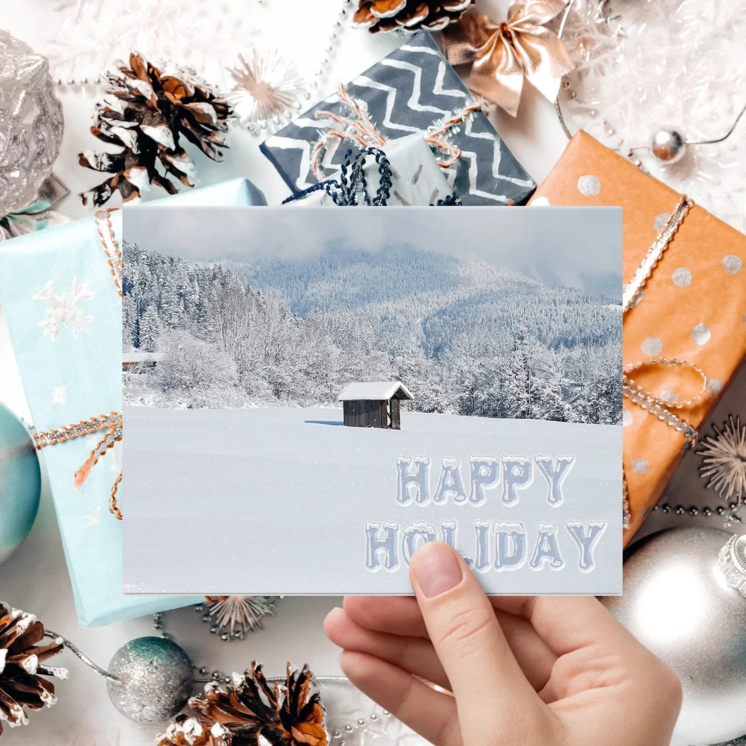 Happy Holiday Snow Cards & Envelopes - 25 Cards & 25 Envelopes per Pack (SNOW WINTER CABIN) FoldCard