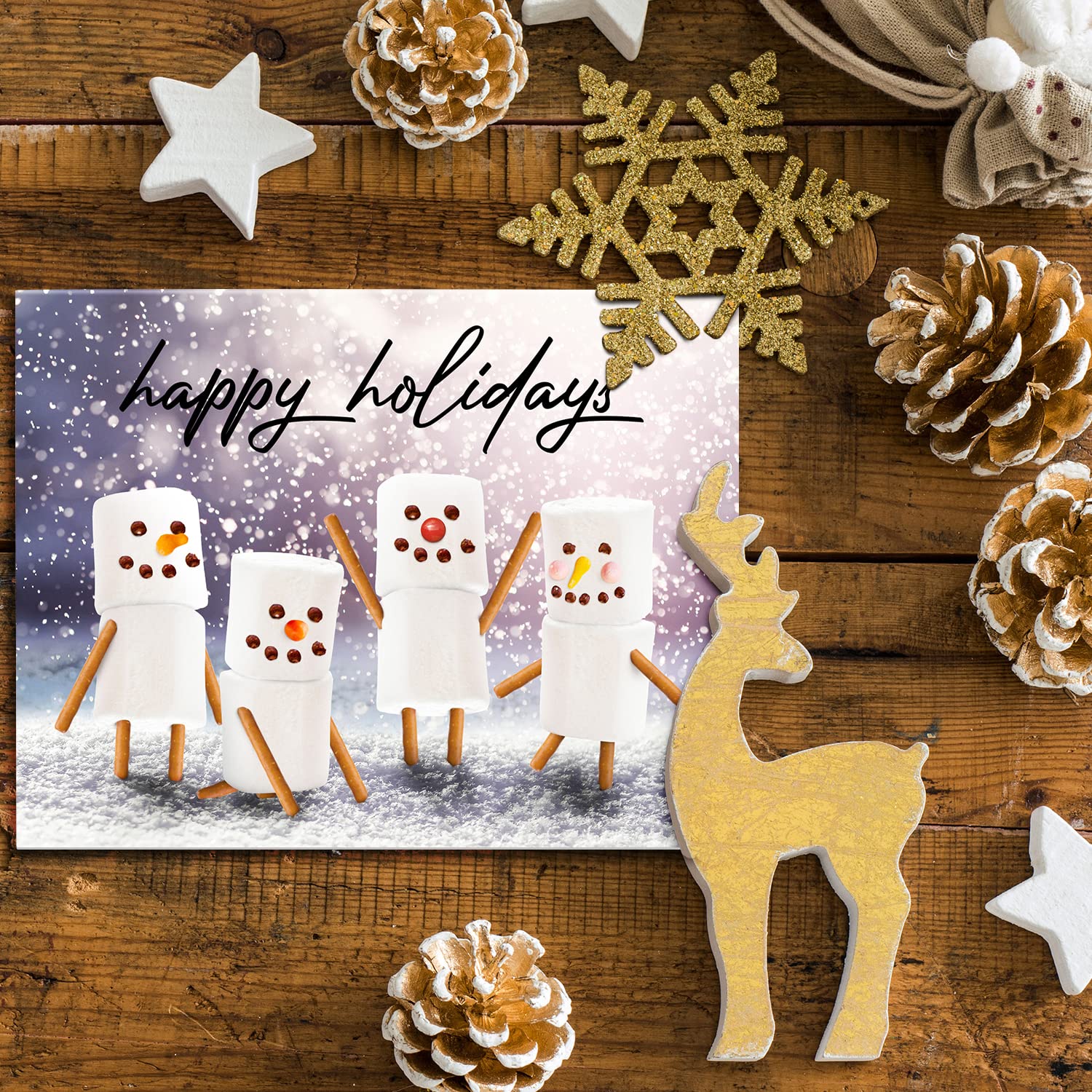 ‘Happy Holidays’ Marshmallow Snowmen Joyful Winter Greetings for Christmas and New Year’s Gifts and Presents Blank Inside. Set of 25 FoldCard