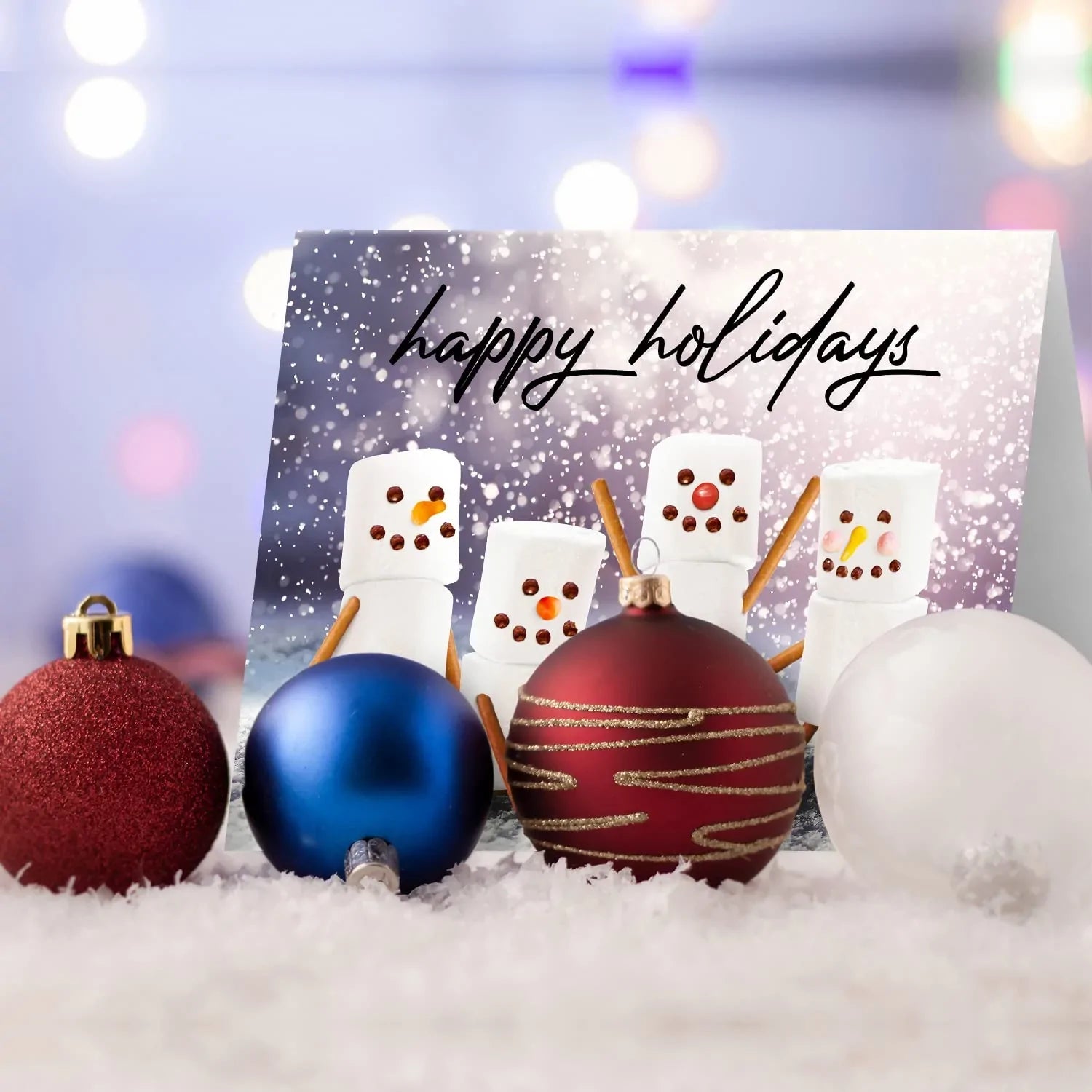 ‘Happy Holidays’ Marshmallow Snowmen Joyful Winter Greetings for Christmas and New Year’s Gifts and Presents Blank Inside. Set of 25 FoldCard