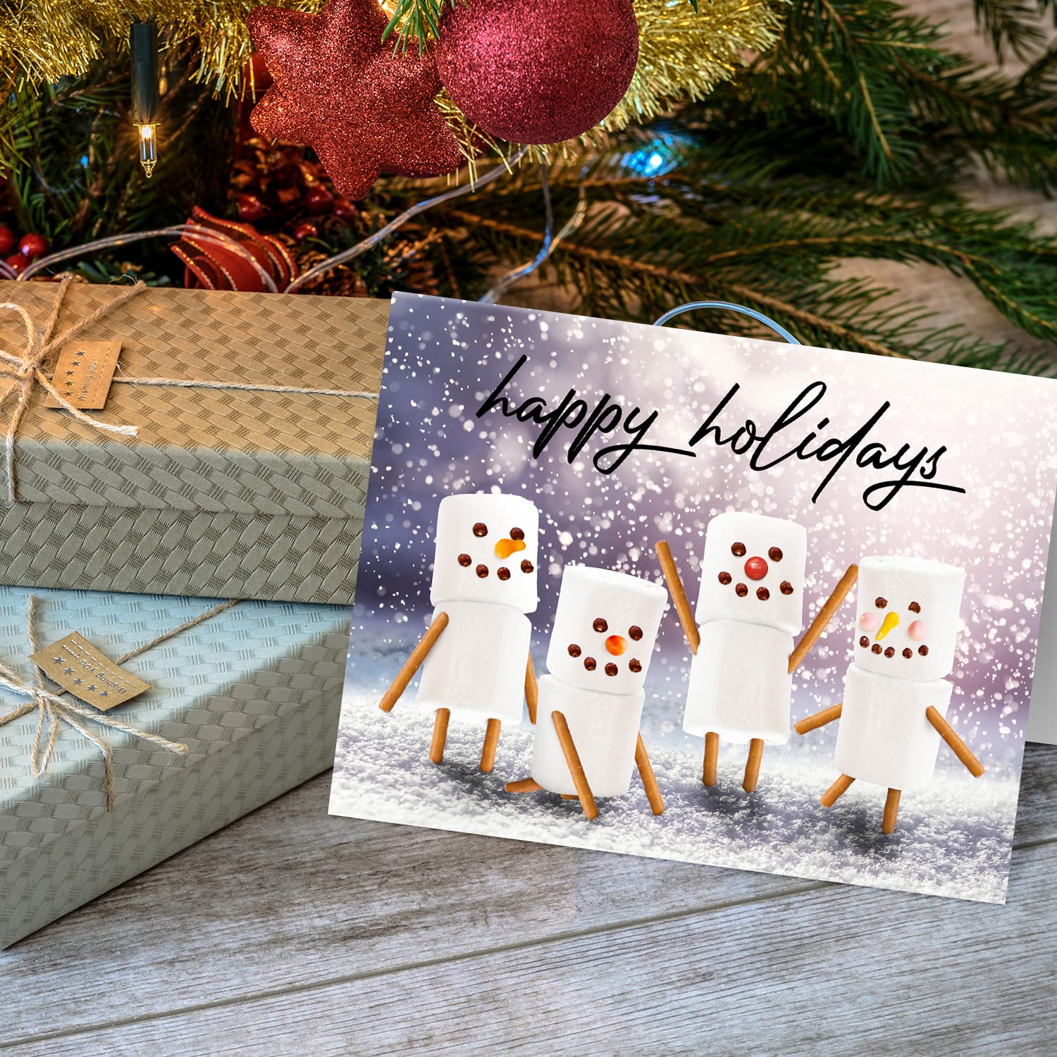 ‘Happy Holidays’ Marshmallow Snowmen Joyful Winter Greetings for Christmas and New Year’s Gifts and Presents Blank Inside. Set of 25 FoldCard