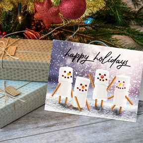 ‘Happy Holidays’ Marshmallow Snowmen Joyful Winter Greetings for Christmas and New Year’s Gifts and Presents Blank Inside. Set of 25 FoldCard