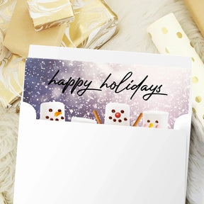 ‘Happy Holidays’ Marshmallow Snowmen Joyful Winter Greetings for Christmas and New Year’s Gifts and Presents Blank Inside. Set of 25 FoldCard